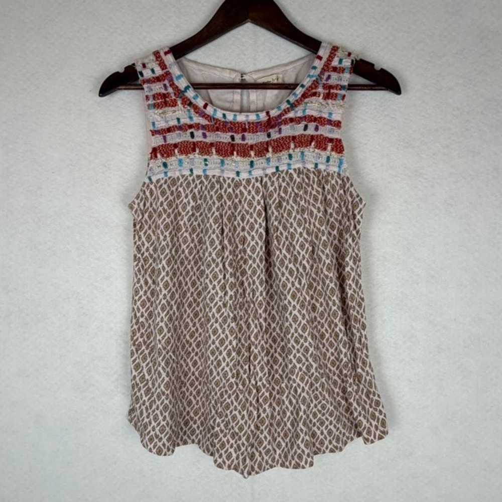 Meadow Rue Anthropologie Sleeveless Top Women S Tan Embroidered Boho Cotton Tank
